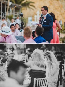Groom making a speech during wedding emotional bride