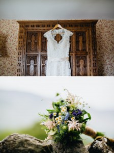 Wedding dress hung on old wooden wardrobe