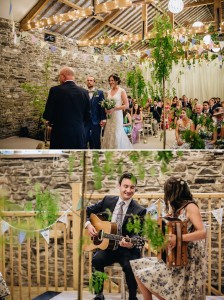 Folk band playing in barn wedding Lake District