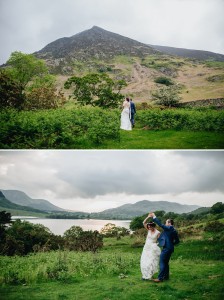Bride and groom dancing under the sunset over Crummock Water