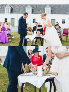 Bride and groom pouring whisky Scottish Quaich