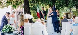 Bride and groom first kiss, outdoor wedding Sorrento Italy