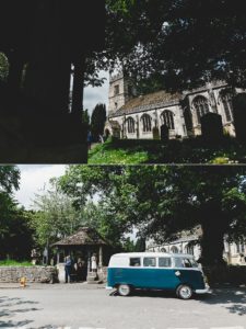 Pretty village church wedding and VW campervan wedding car