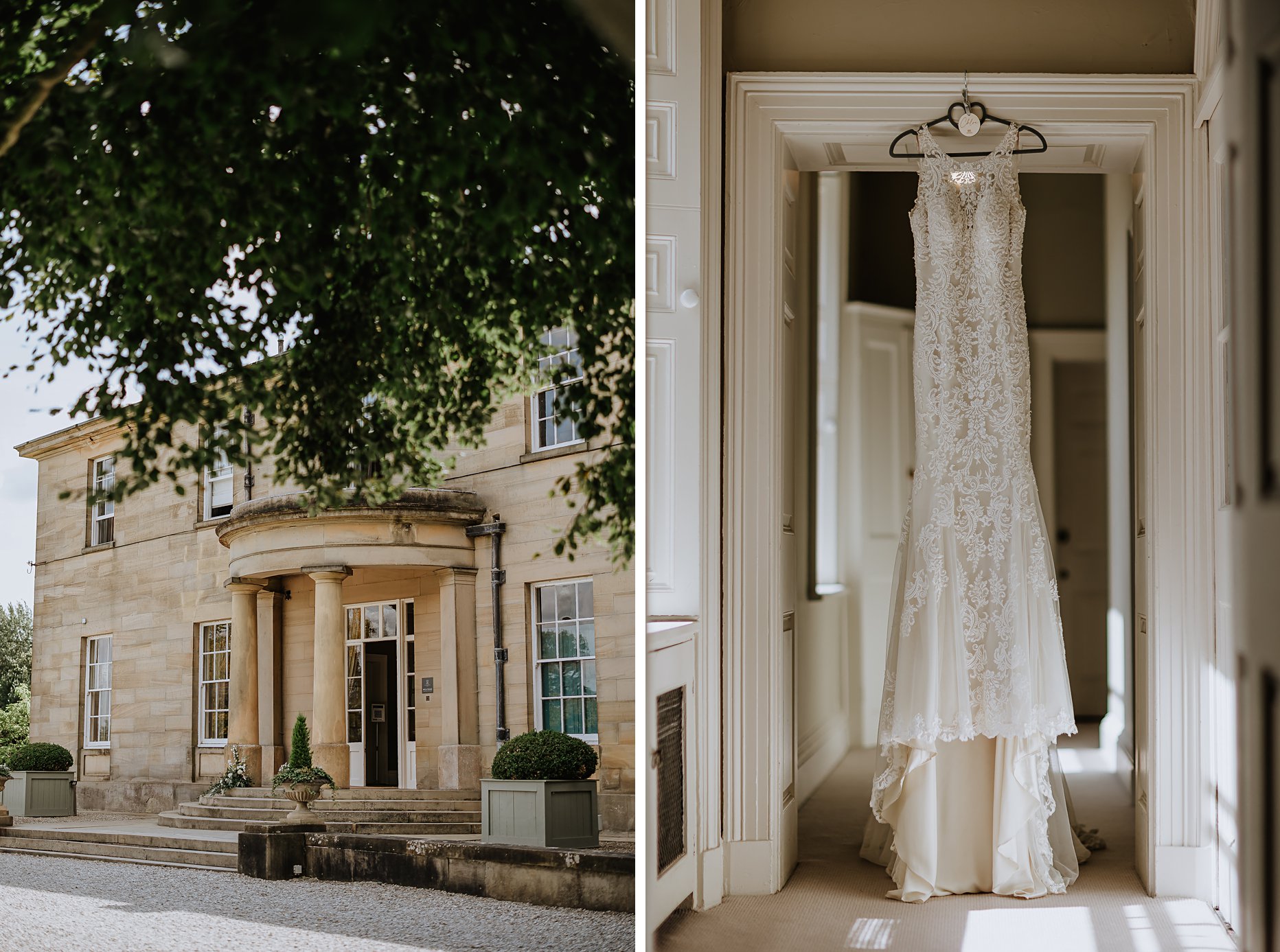 First image shows the exterior of Saltmarshe Hall. Second image shows long lace sleeveless wedding dress hung up on a door frame.