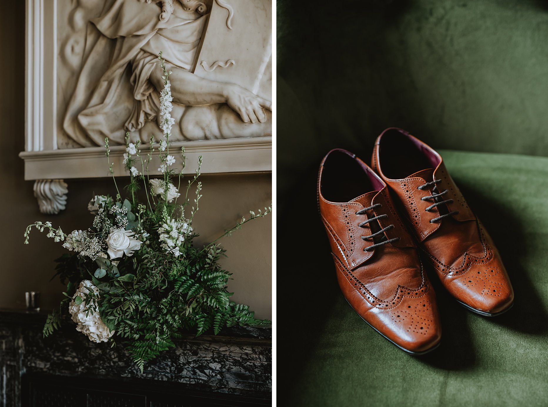 First image shows a green and white floral centrepiece on top of a fireplace in the entrance of Saltmarshe Hall. The second photo is a pair of mens tan leather shoes on a green velvet sofa.
