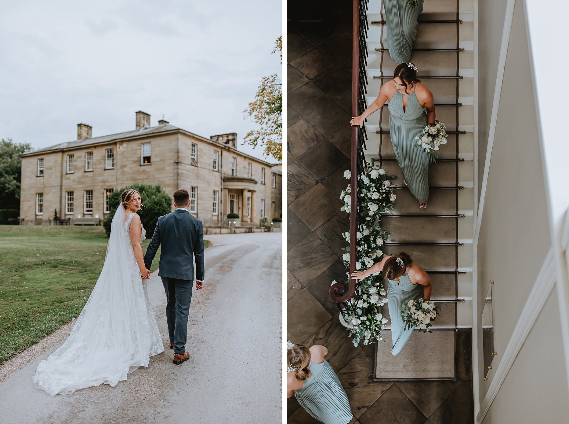 First photo shows bride and groom walking towards Saltmarshe Hall. Bride is looking over her shoulder towards the camera. Second photo shows aerial view of bridesmaids walking down the staircase at Saltmarshe Hall. They are all holding bouquets and wearing a light green dress.