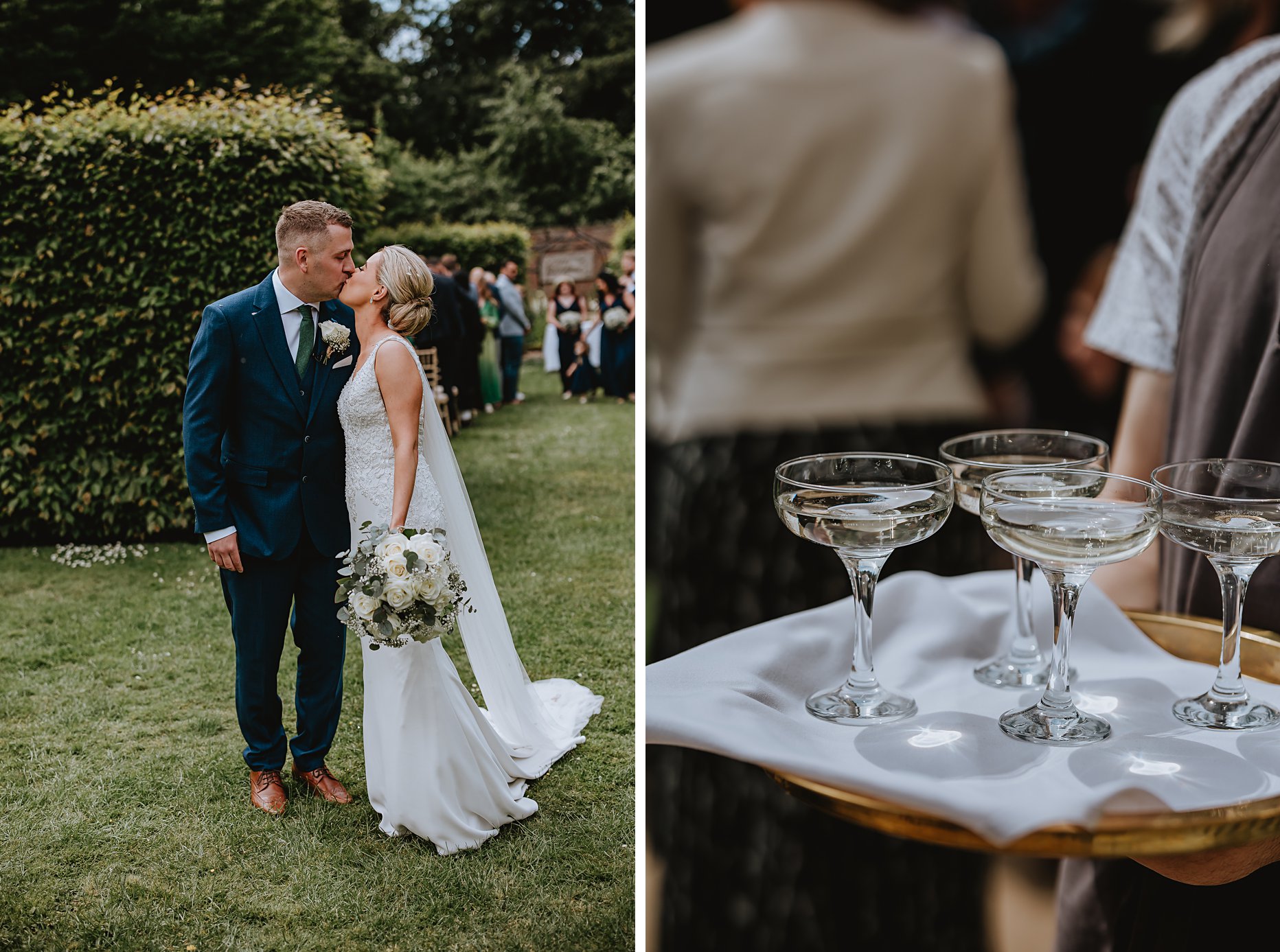 First photograph shows bride and groom sharing a kiss after walking down the aisle. They are outside in the gardens of Saltmarshe Hall. Bride is wearing a floor length white dress and holding a bouquet of green and white flowers. Groom is wearing a navy suit and tan shoes. Second photograph is a tray of champagne glasses being served by a waiter at Saltmarshe Hall.