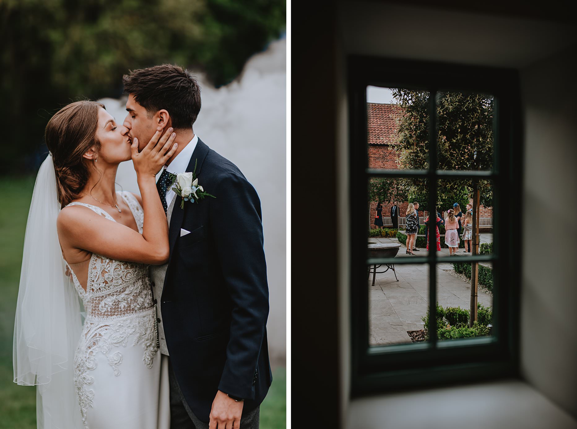 First image is of a bride and groom kissing with a smoke bomb in the background. Second image is a view of the courtyard at Hazel Gap barn photographed through the window.