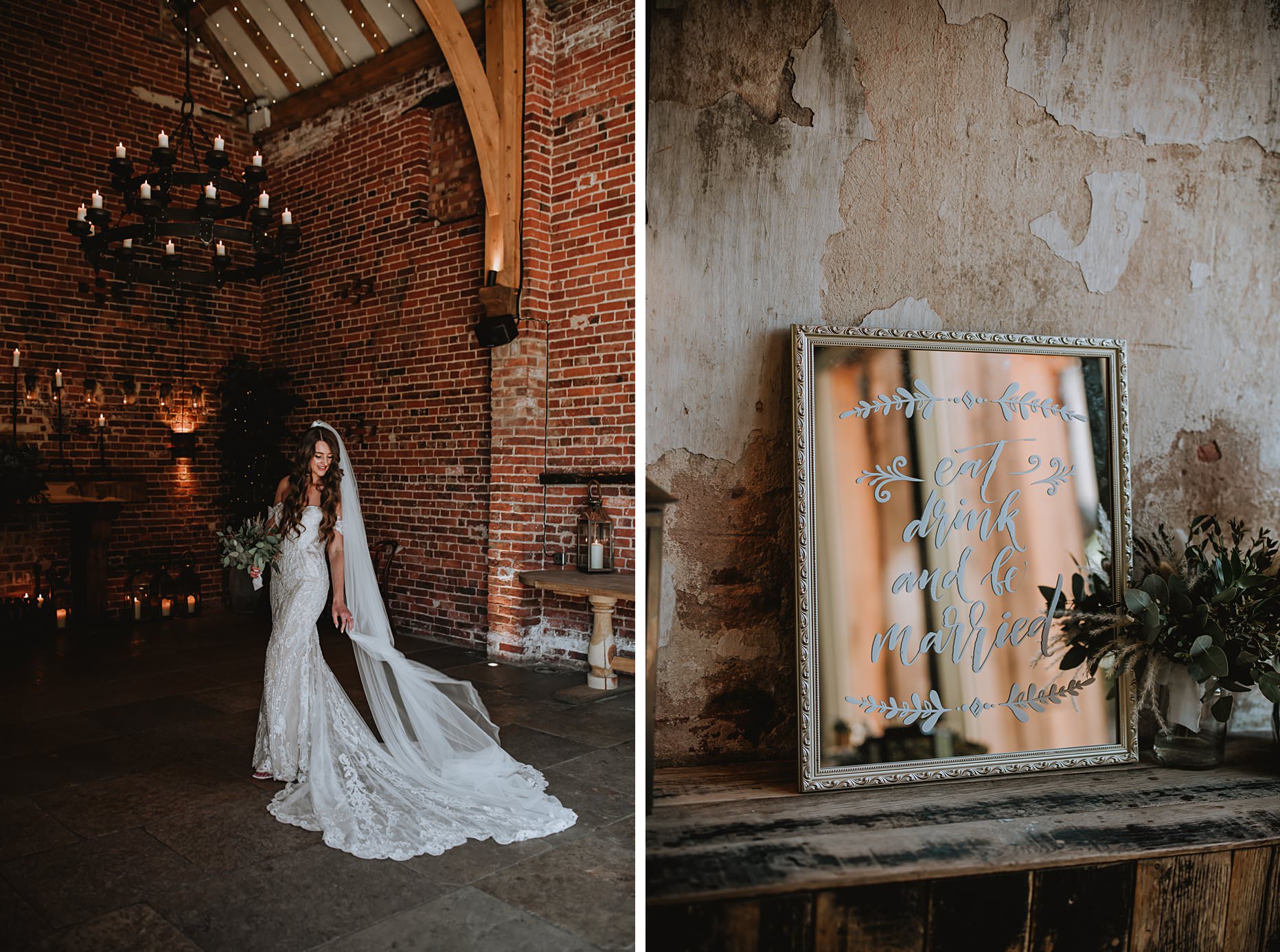 First image is of a bride inside the ceremony room at Hazel Gap Barn. She is fanning out her wedding dress and veil whilst holding a bouquet of green foliage. Second image is of a mirror which has writing on that reads "eat, drink and be married" in swirly writing. 