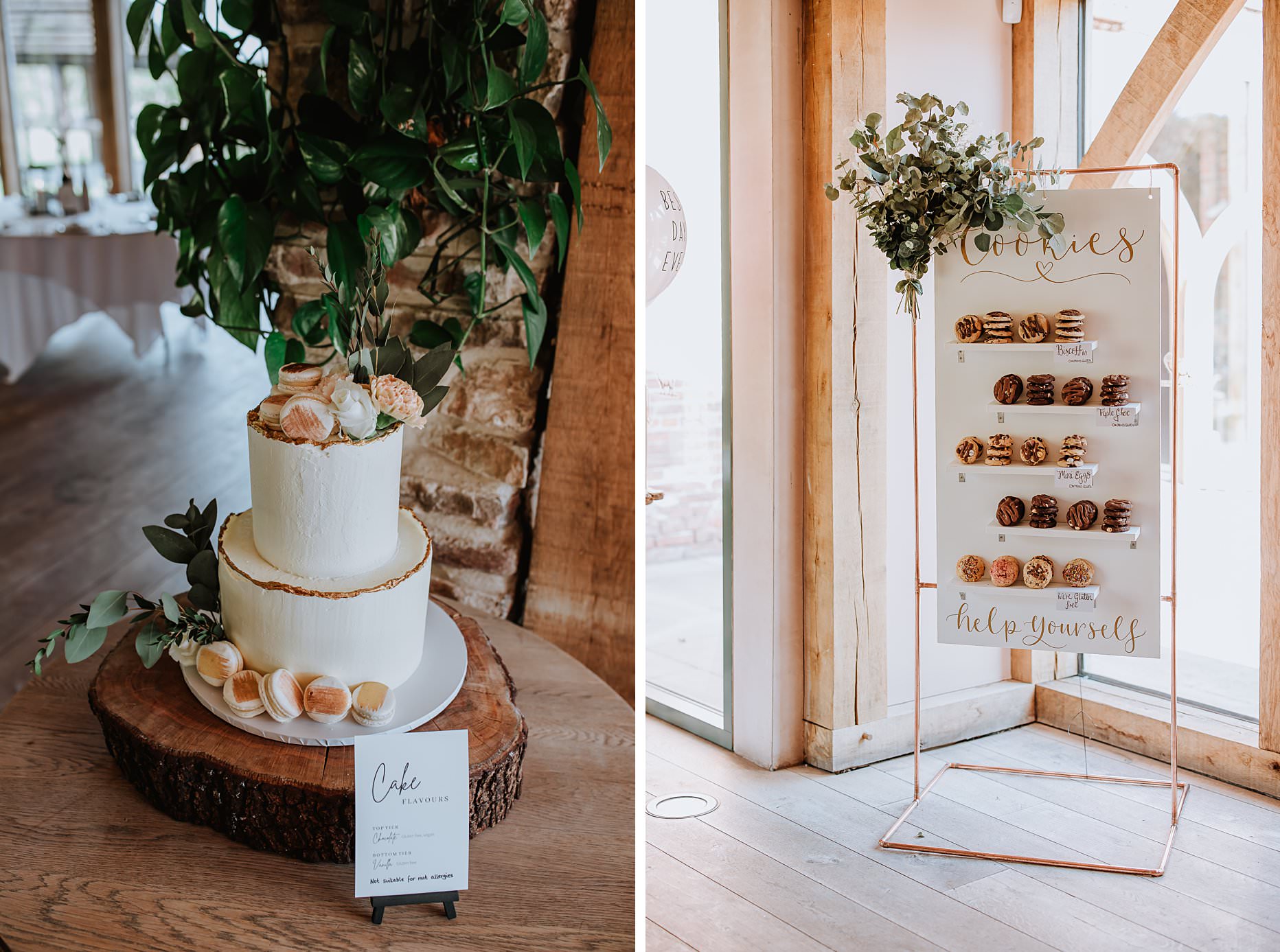 First image is of a small wedding cake made of two tiers. It is white and gold and decorated with macarons. Second image is of a donut station for wedding guests. It is a copper frame decorated with different flavours of donuts.