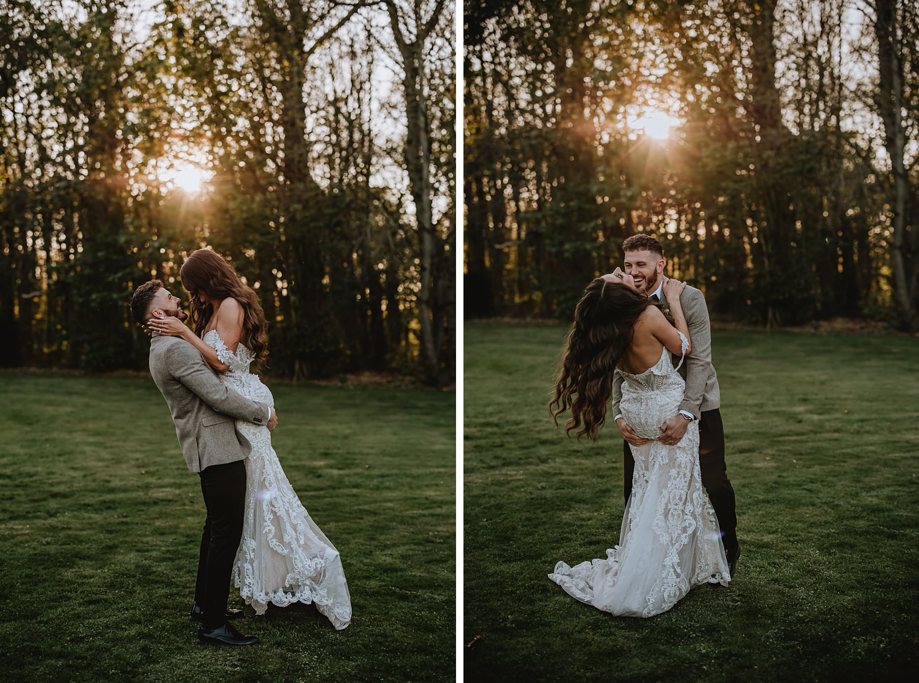 Groom holding bride up and spinning her around in the sunset. Bride is throwing her head back and laughing. 