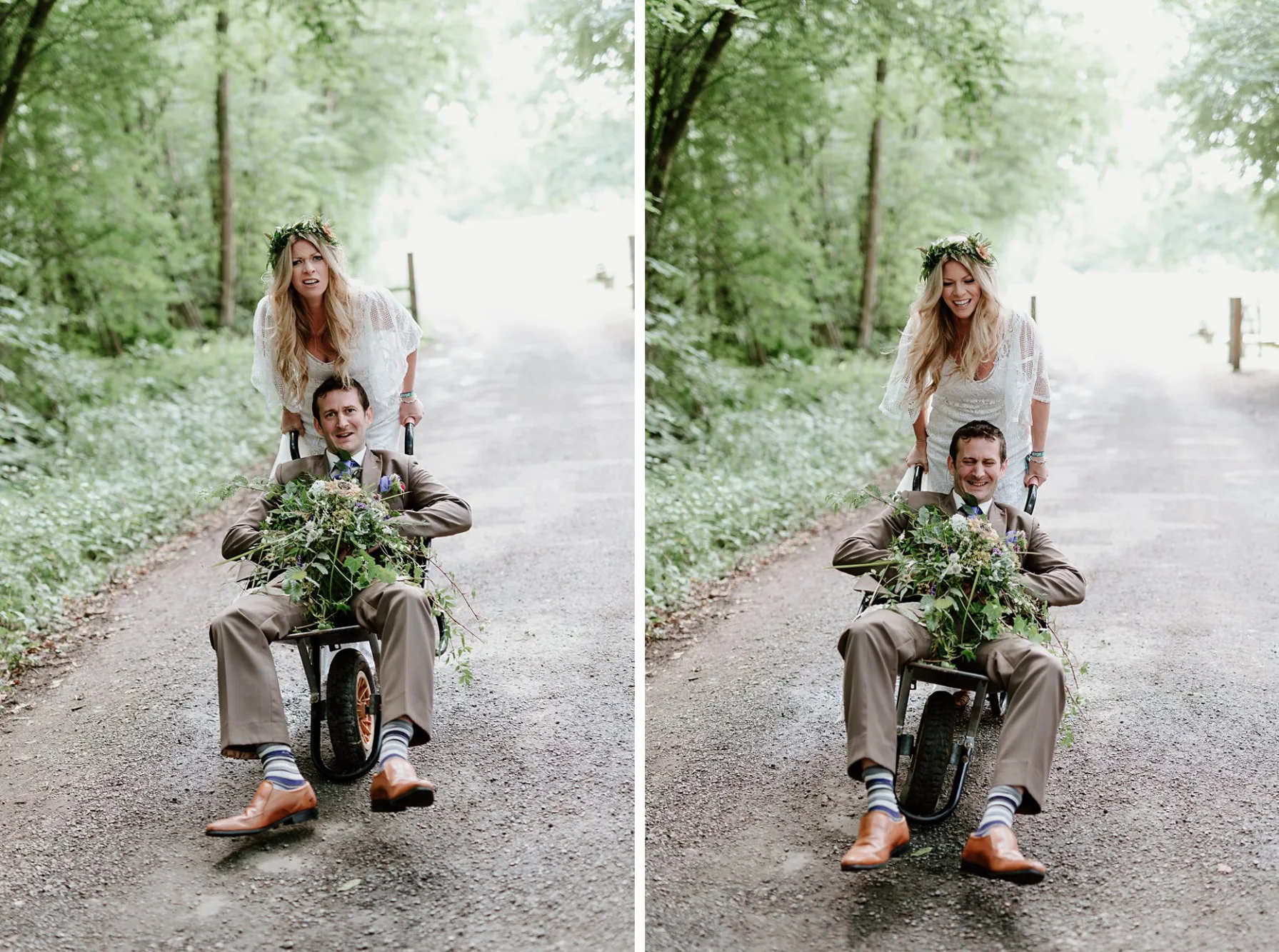 Bride pushing groom in a wheelbarrow. Both of them are laughing and smiling. The groom is holding a wedding bouquet.