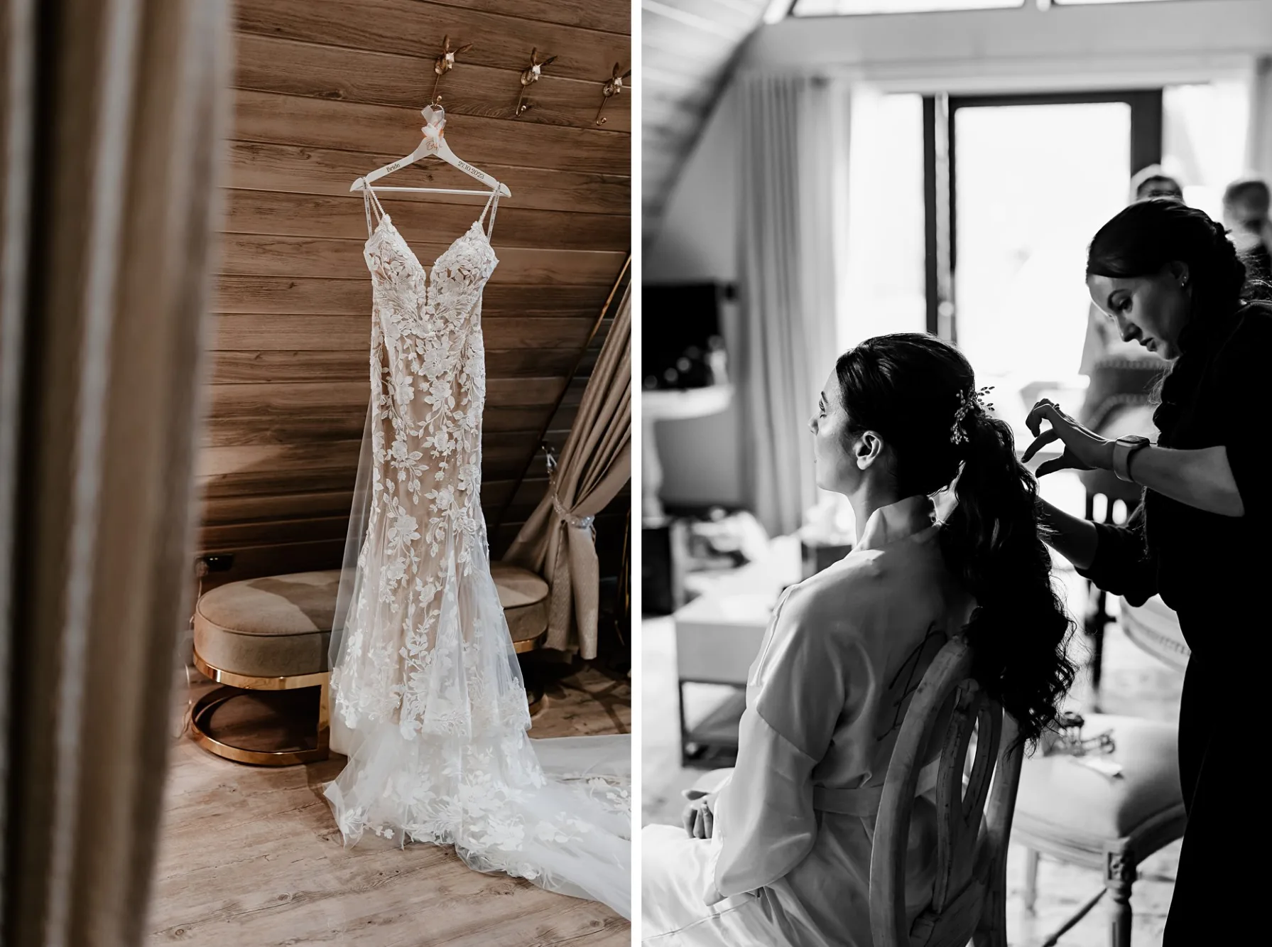 Bridal preparations and details at the luxury lodges at Oaklands Driffield. Photo one shows a brides wedding dress hung up. Photo two shows a hairdresser fixing the brides hair which is styled in a ponytail.