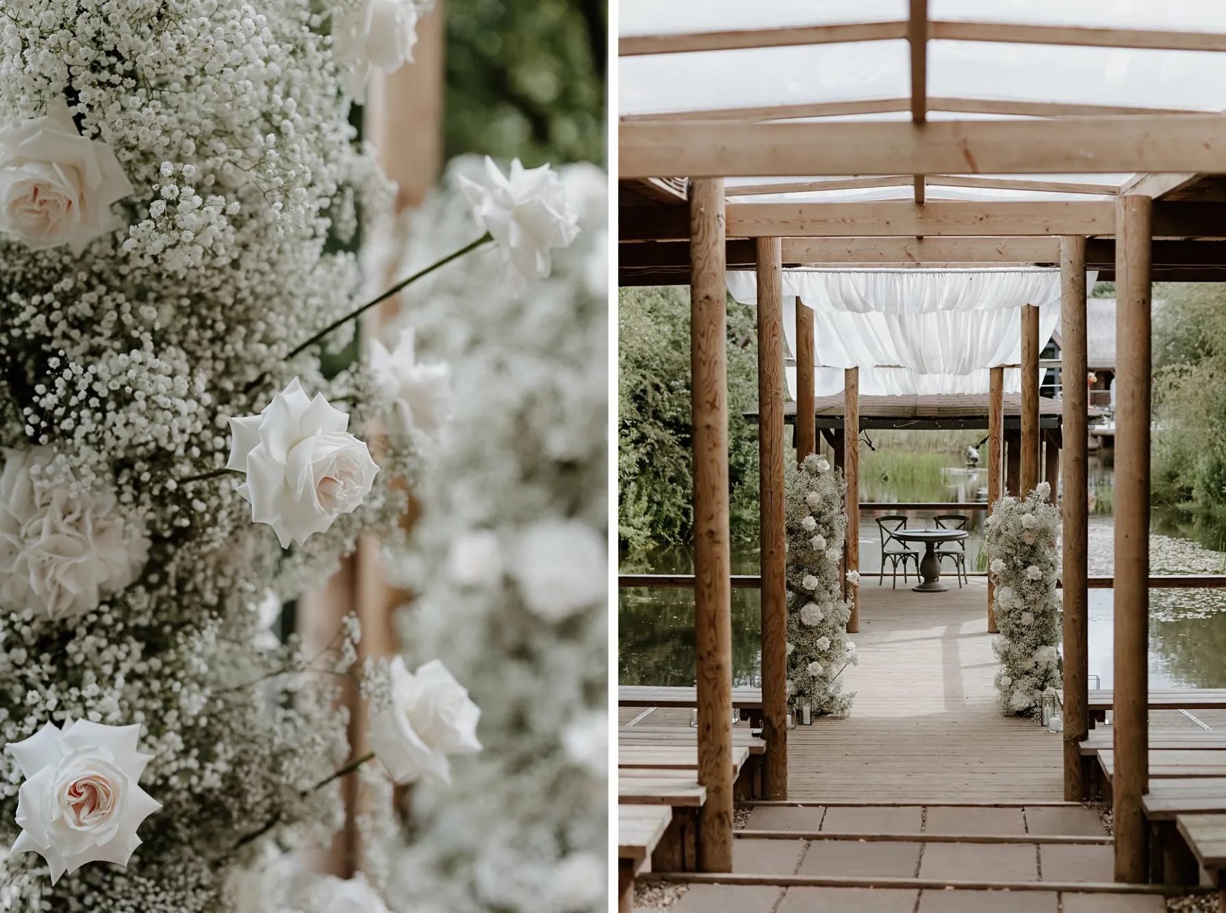Wedding styling at the pavilion outdoor ceremony at Oaklands. The ceremony area is made of light wood and overlooks a large lake. The area has been styled with white roses and gypsophila flowers.