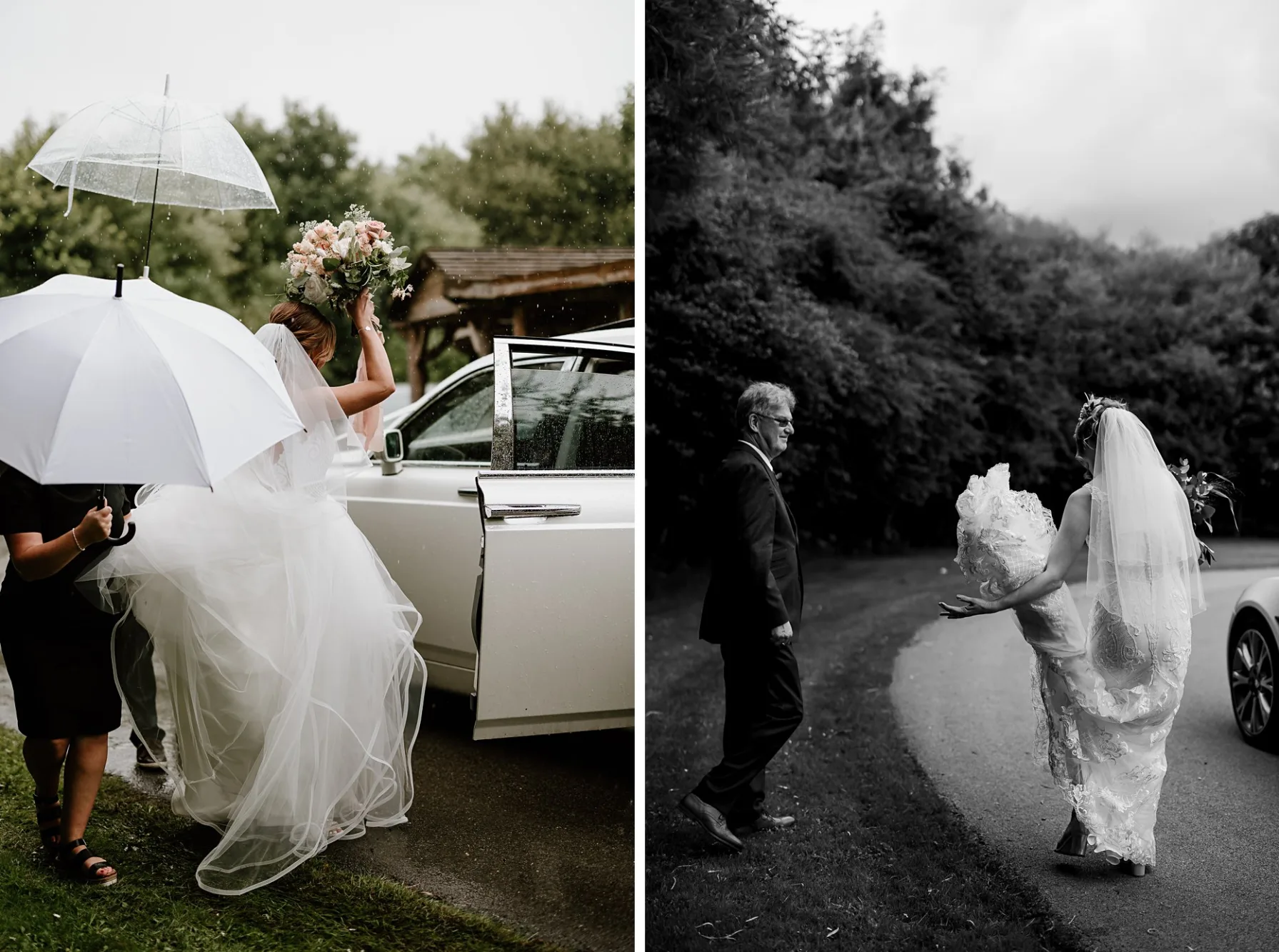 Two photographs of brides arriving for their wedding at Oaklands Grand Lodge. The first photo shows a bride exiting the car holding a bouquet over her held to shelter from the rain. The second photograph shows a bride throwing her dress over her arm. 