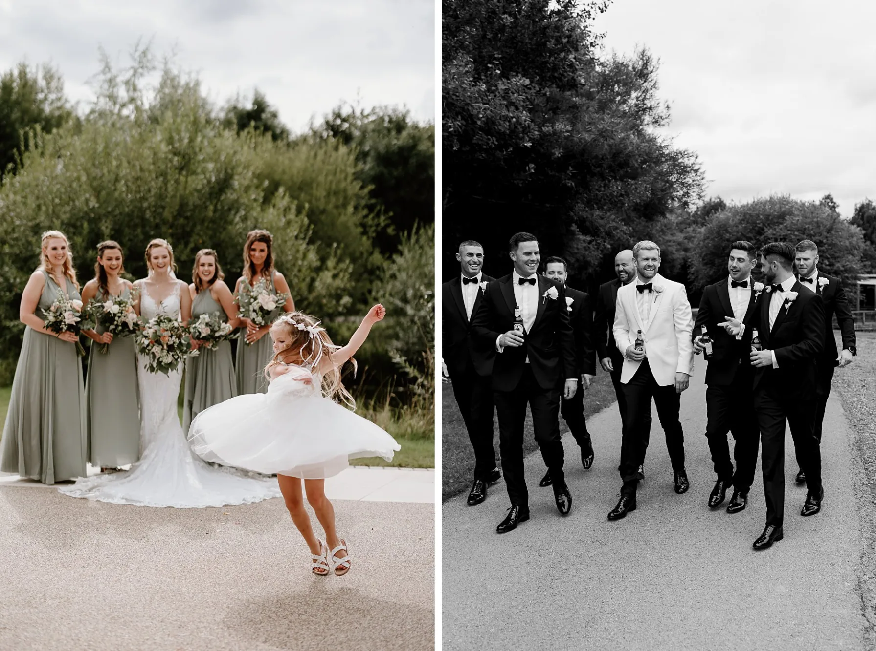 The first image shows a bride and four bridesmaids in the background smiling at a small flowergirl spinning around. The second image shows a groom wearing a white suit walking with his groomsmen. They are all holding beers and smiling at each other.