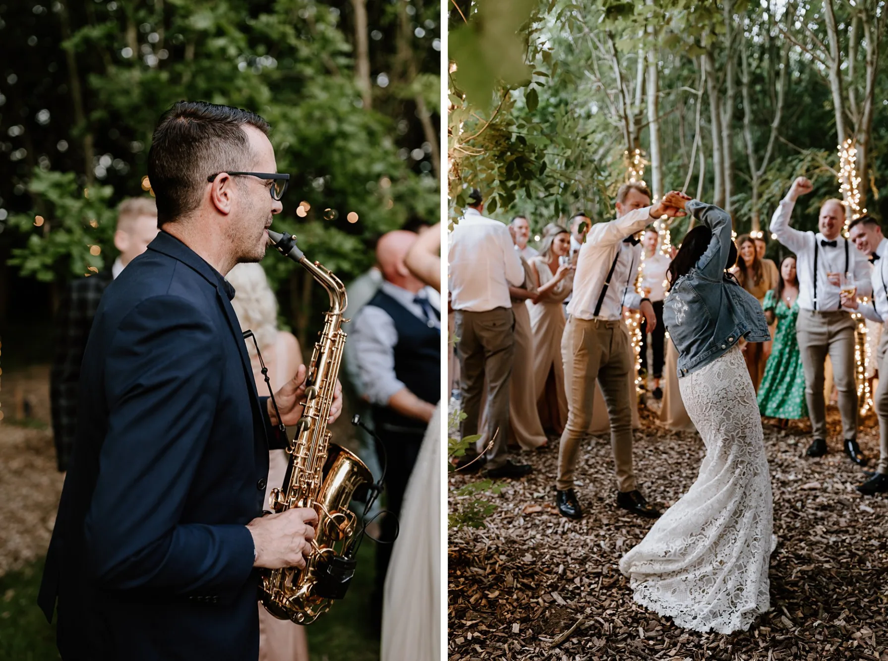 The first photo shows a man playing a saxophone at a wedding. The second photo shows a groom spinning his bride around in the woodland dancefloor at Oaklands.