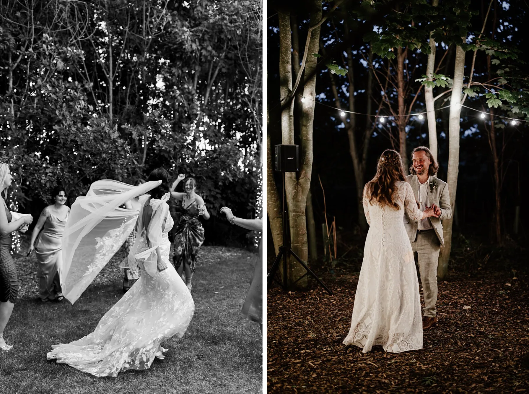 The first photograph shows a bride dancing on her own in the woods, surrounded by her girlfriends. Her veil is blowing in the wind. The second photograph shows a bride and groom dancing in the woodland dancefloor at oaklands.