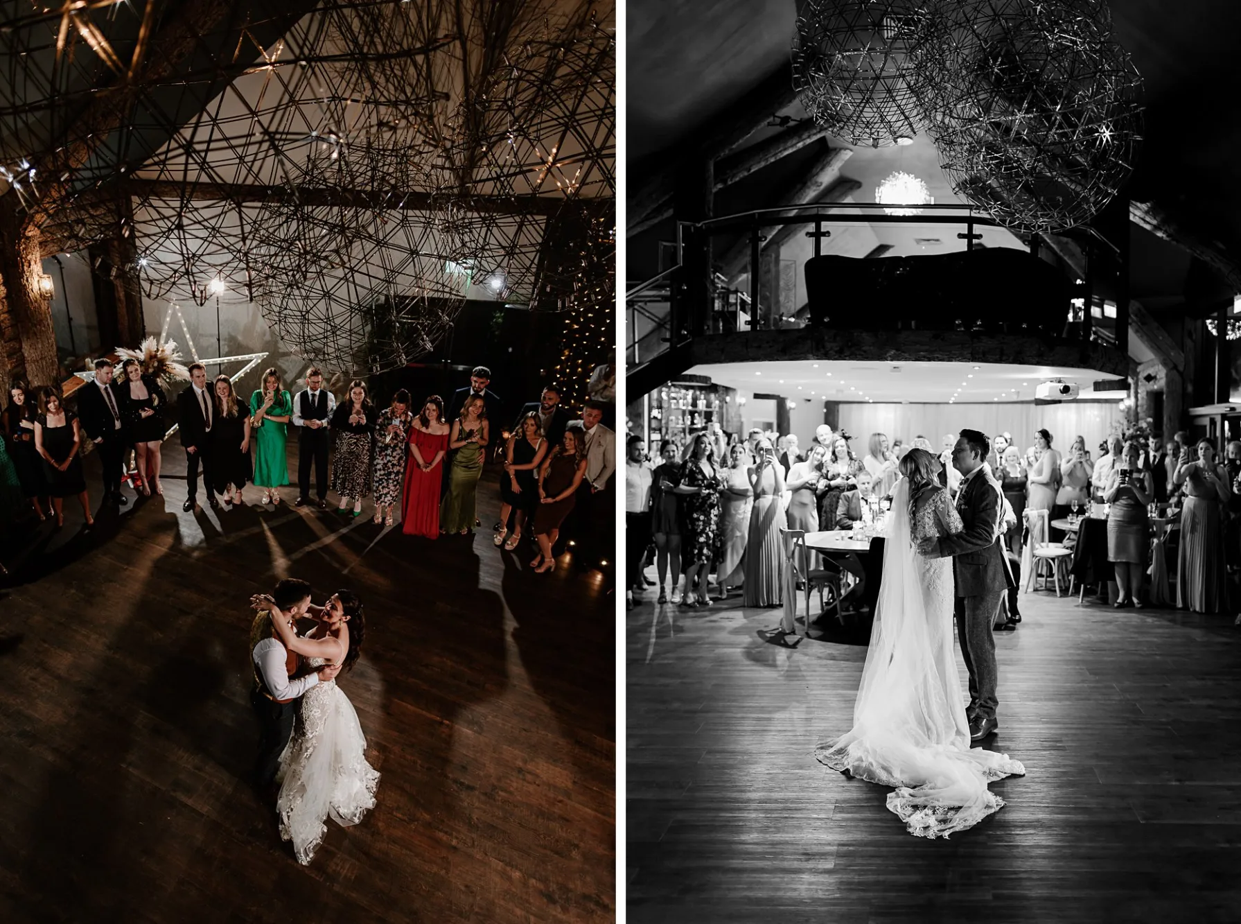The first photo shows a bride and groom dancing with all wedding guests gathered around them. The photo is taken from above. The second photo is a bride and groom having their first dance on the dancefloor at Oaklands.