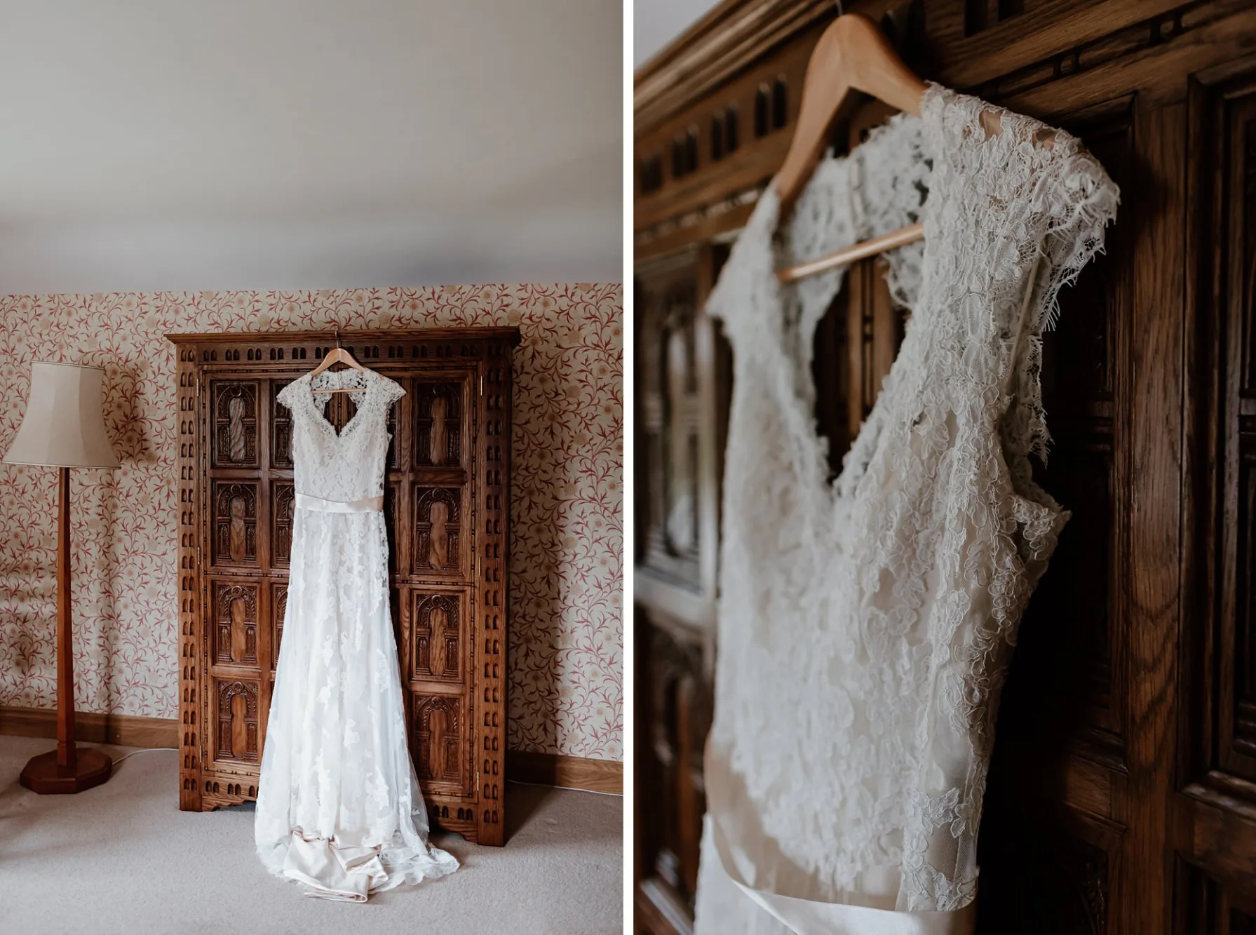 Lace wedding dress hung up on dark wooden wardrobes.