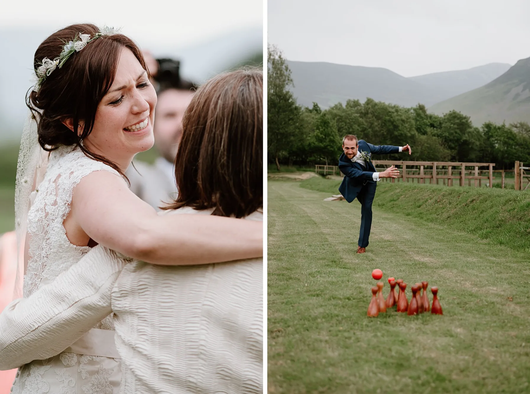 Natural photographs of the bride and groom enjoying lawn games and chatting to their guests during the drinks reception.