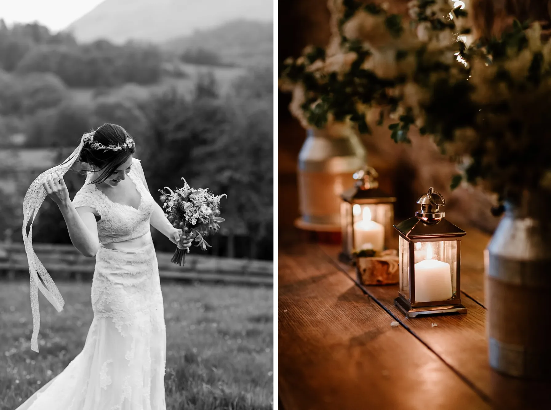 First image: Brides veil blowing in the wind. Second image: Two candles in silver lanterns 