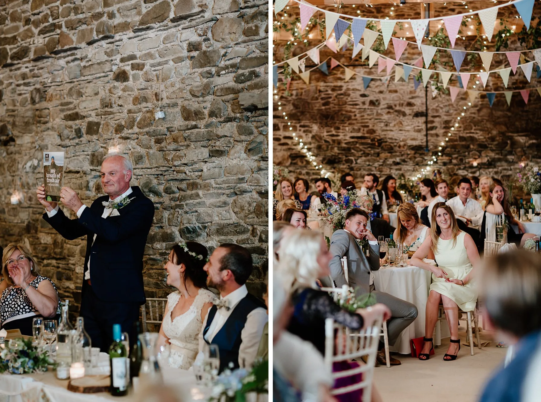 First image: Brides father making a speech during their wedding at New House Farm. Second image: Wedding guests listening to the speeches in the wedding barn. Bunting is hanging from wooden beams and fairy lights draping down over the stone wall of the barn.