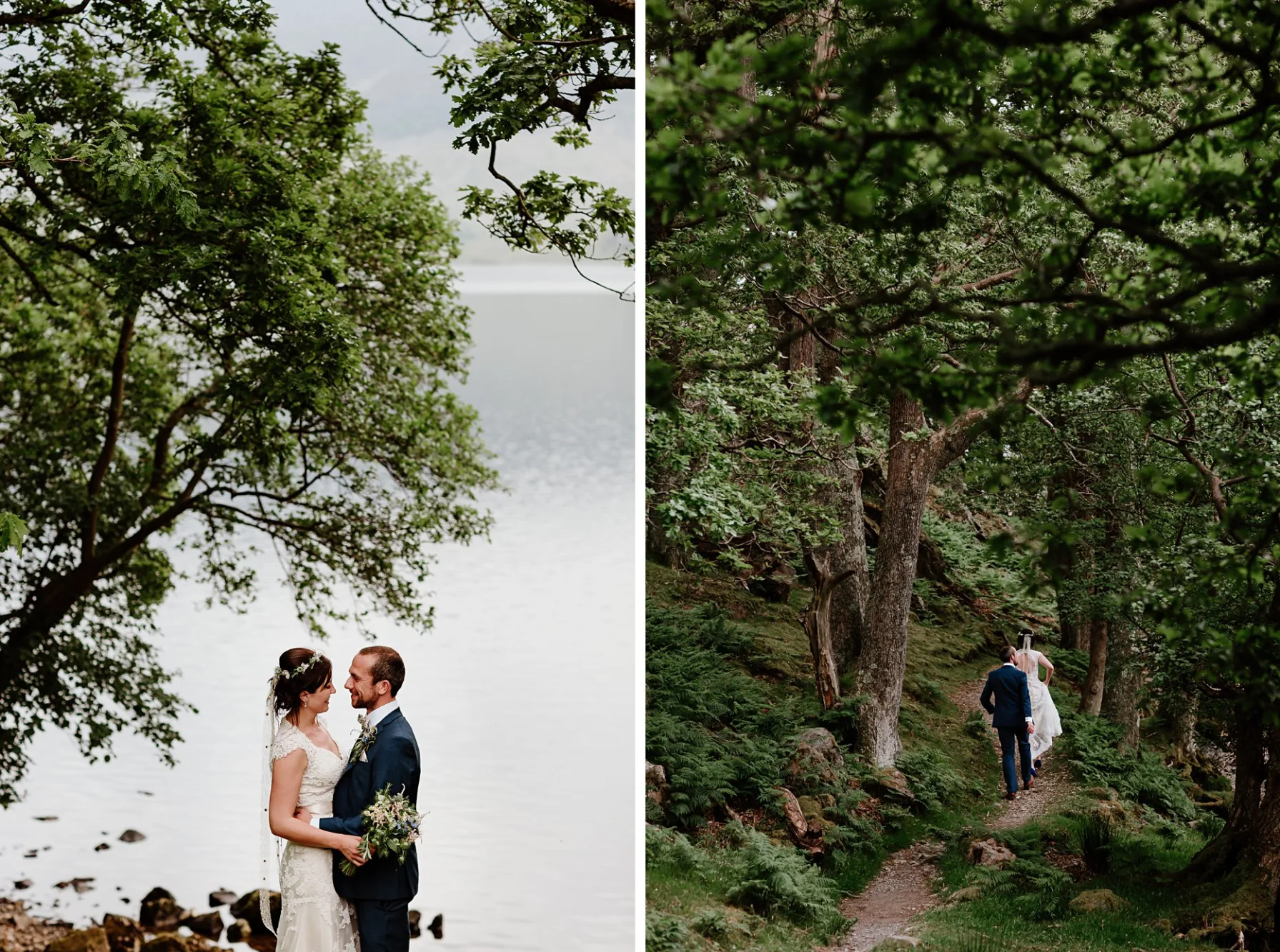 Bride and groom walking through a path of trees towards Crummock Water in the Lake District.